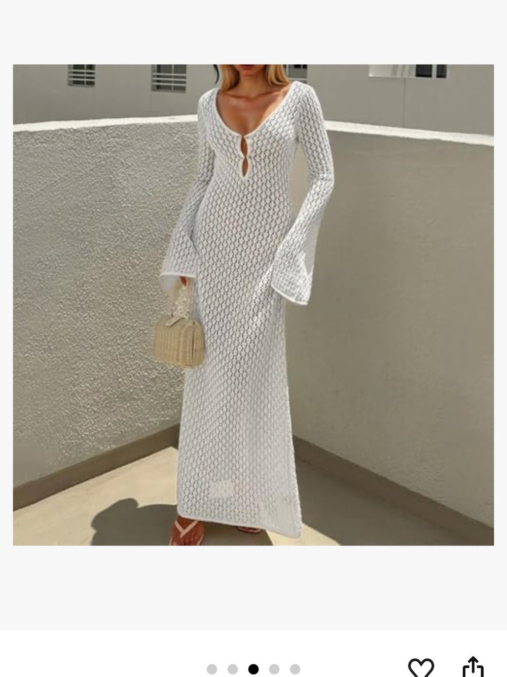 White Crochet Long Sleeve Maxi Dress with Keyhole